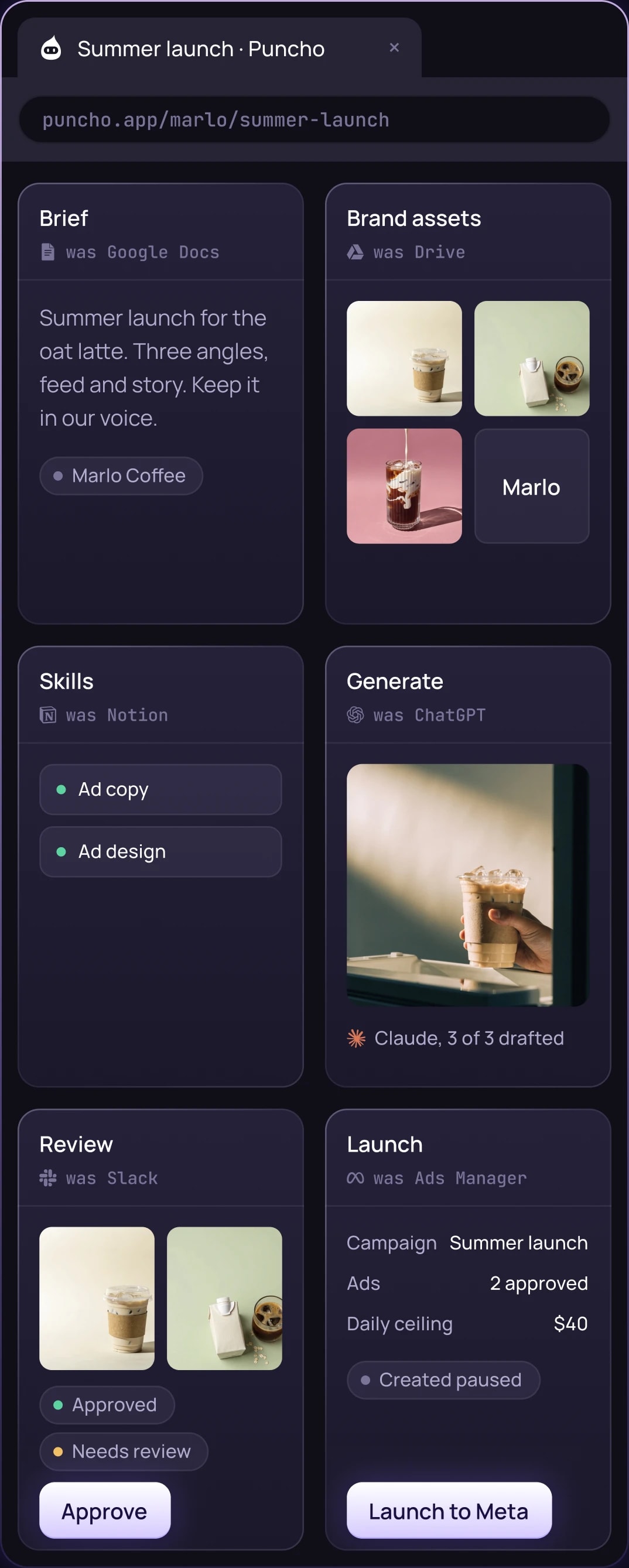One Puncho tab holding the brief, brand assets, skills, generation, review and launch